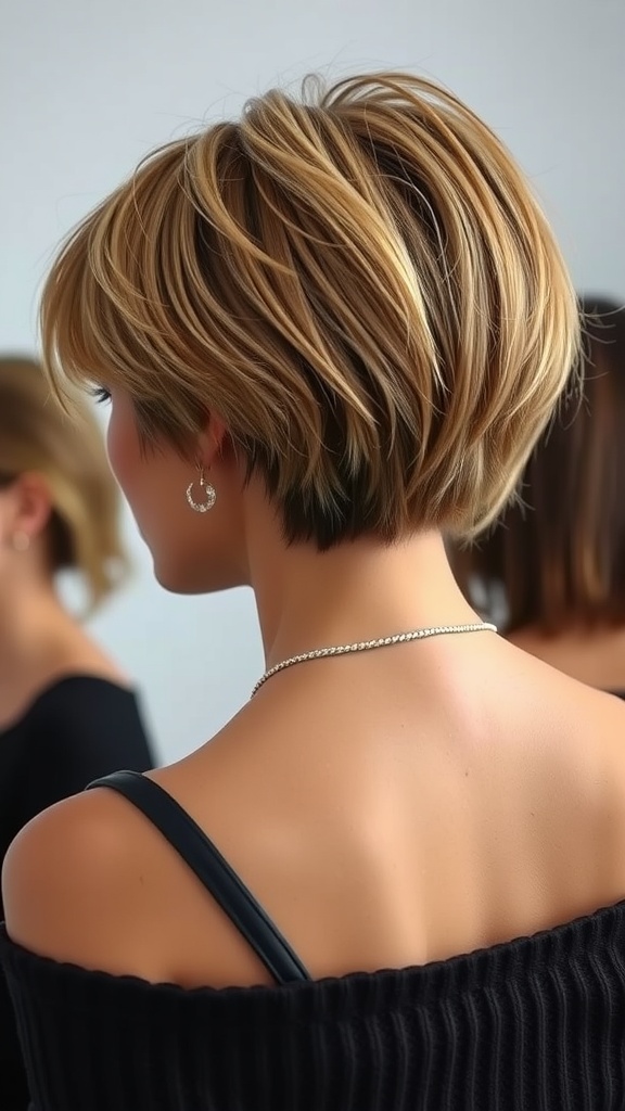 Back view of a woman with a short layered haircut, featuring light and dark tones, styled for volume.
