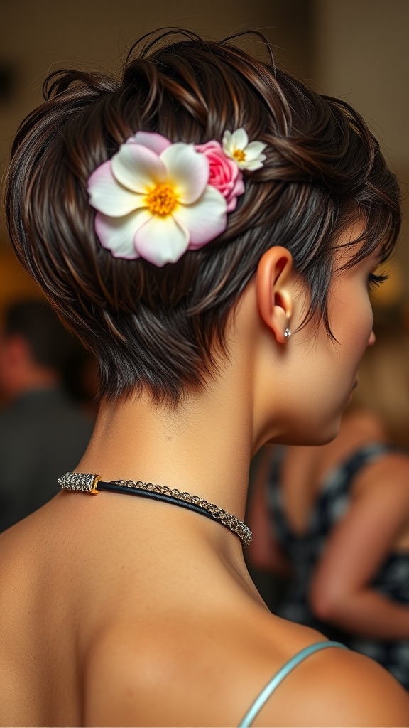 A woman with a short pixie hairstyle adorned with pink and white flowers, showcasing a stylish spring look.