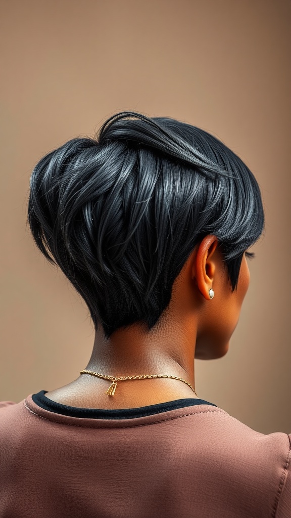 A close-up view of a short shag cut hairstyle for women, showing textured layers and a stylish back.