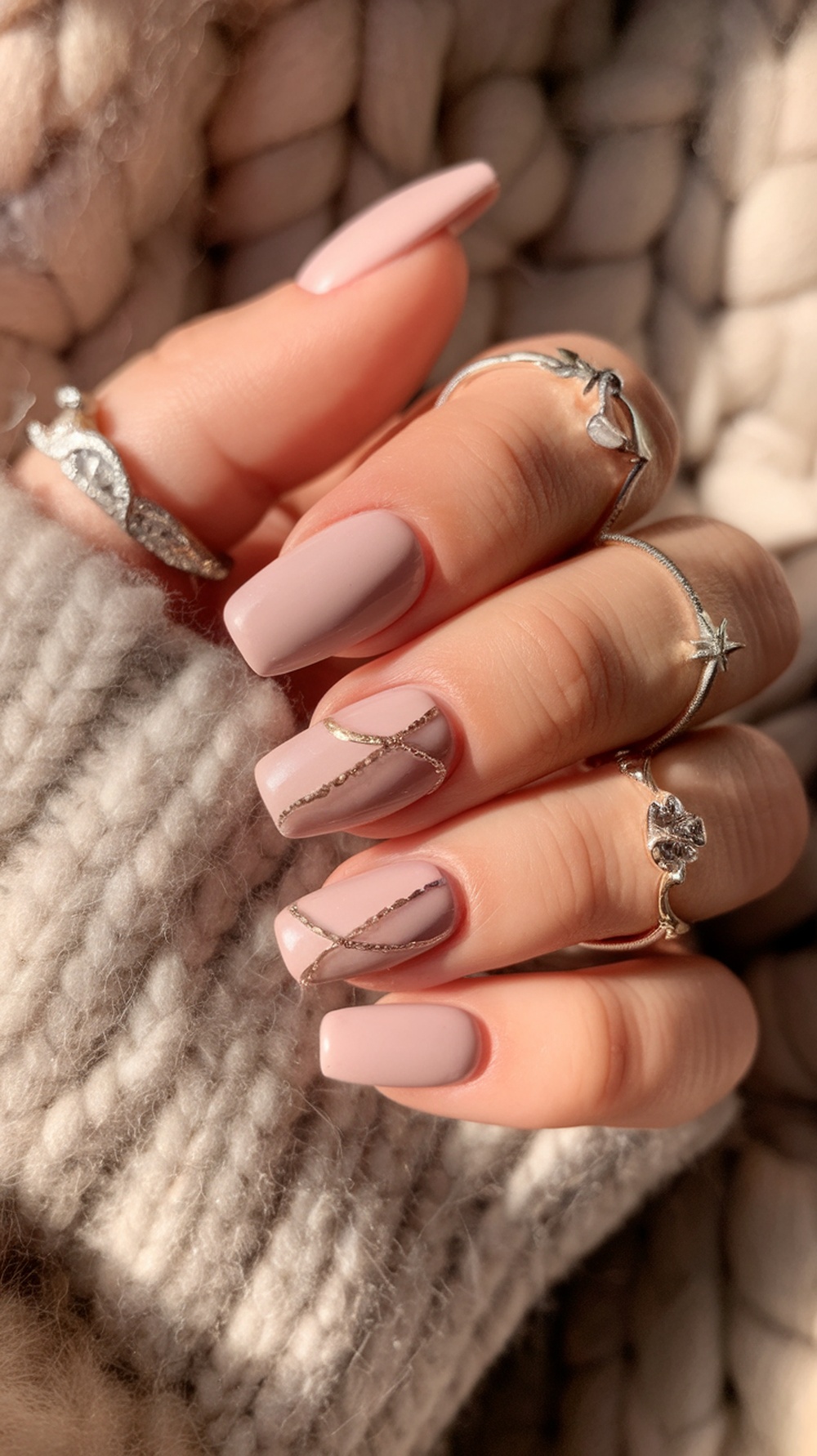 Close-up of short soft pink nails with gold accents, resting on a cozy knit background.