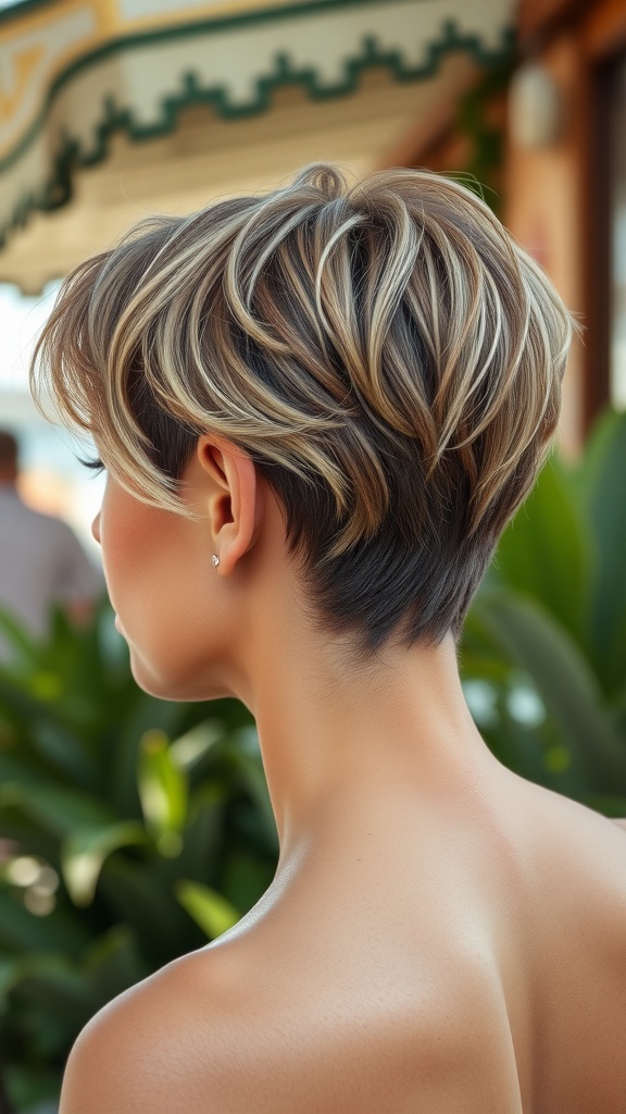 Short wavy pixie cut hairstyle with highlights, showcasing a casual and stylish look.