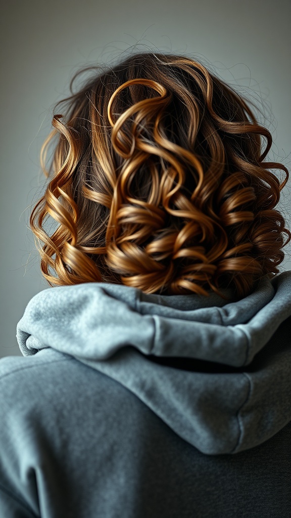 Back view of shoulder-length loose curls cascading over a grey hoodie.