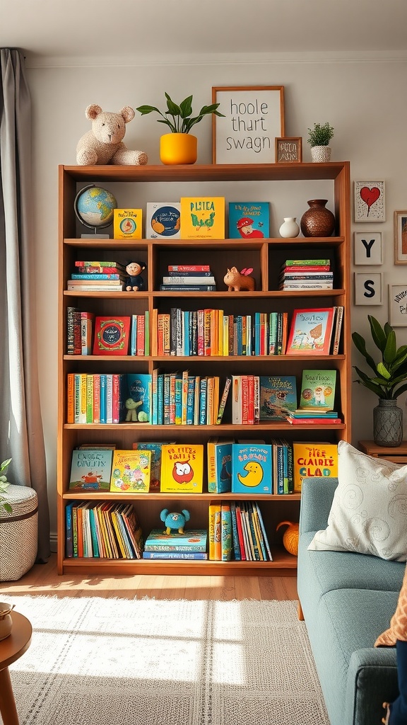 Colorful children's bookshelf filled with books and decorations, showcasing a cozy reading space.