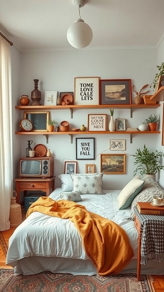 A cozy small bedroom with shelves displaying personal collections, including plants, vintage items, and framed art.