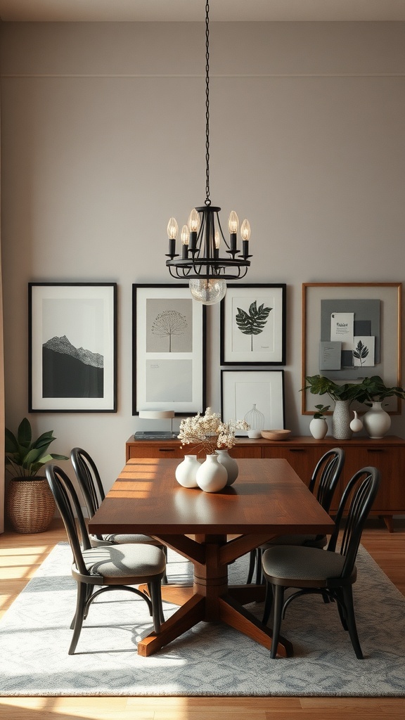 A dining room with a large wooden table, black chairs, framed art on the walls, and a chandelier.