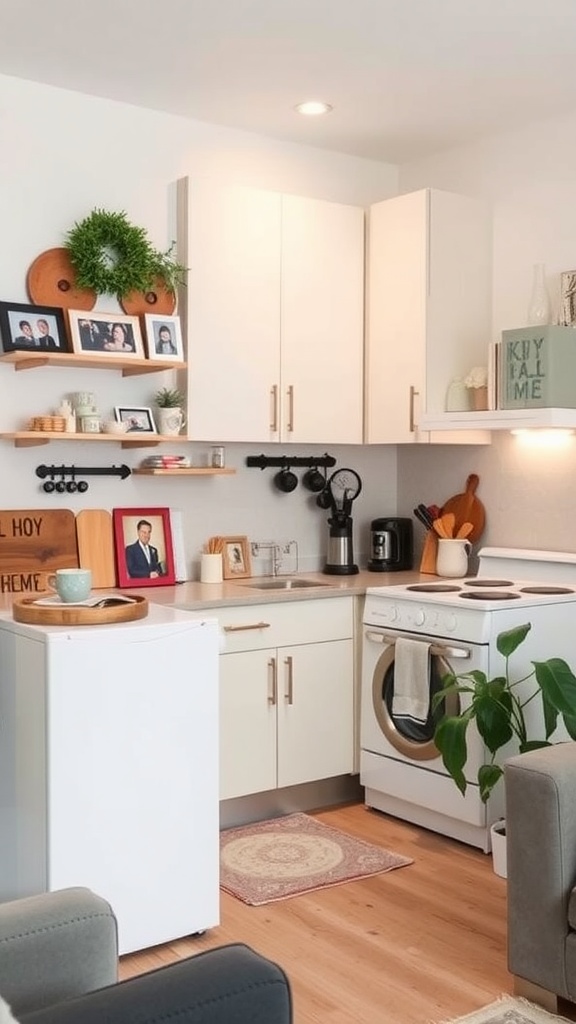 Cozy apartment kitchen with personal decor elements, including framed photos and plants.