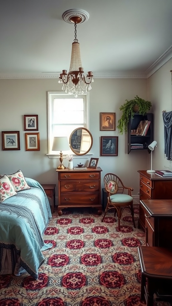 A vintage-styled bedroom featuring a bed, wooden furniture, framed pictures, and a chandelier.