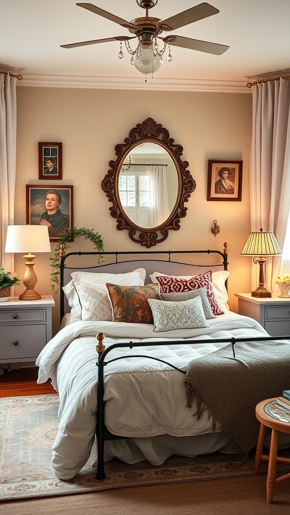 A cozy vintage bedroom featuring an iron bed, decorative pillows, vintage artwork, an ornate mirror, and soft lighting.