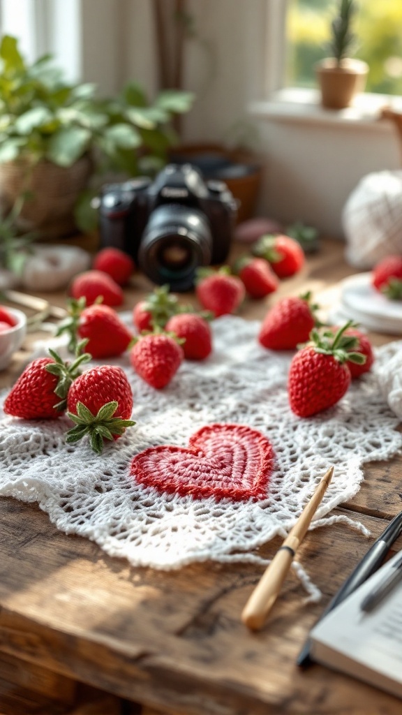 A beautifully arranged scene featuring crochet strawberries on a white lace doily, with a camera and crochet tools in the background.