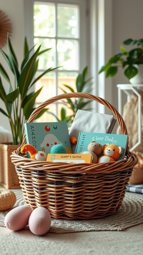 A woven basket filled with colorful toys and books for a sibling gift.