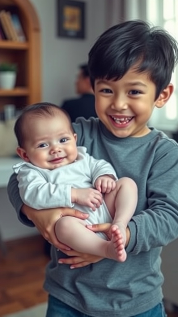 An older brother holding his baby sibling, both smiling joyfully