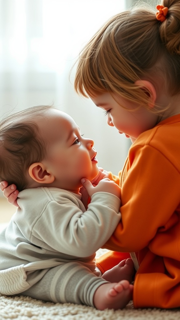 A baby and a toddler sharing a joyful moment together.