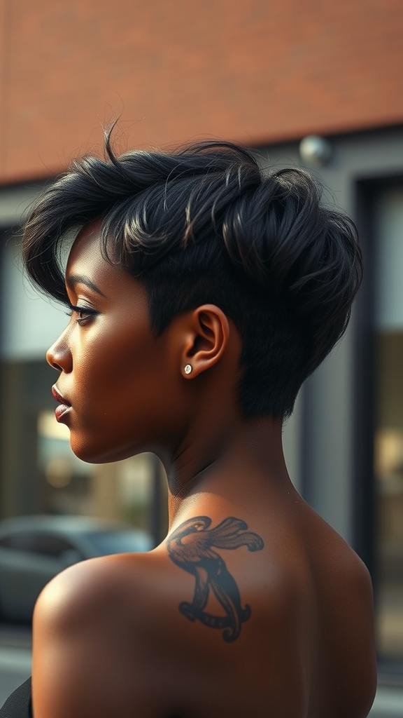 A profile view of a black woman with short hair styled in side-swept bangs, showcasing a modern hairstyle.