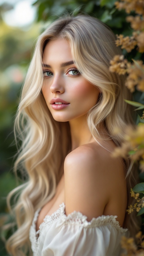 A young woman with long blonde hair and side-swept bangs, surrounded by greenery.