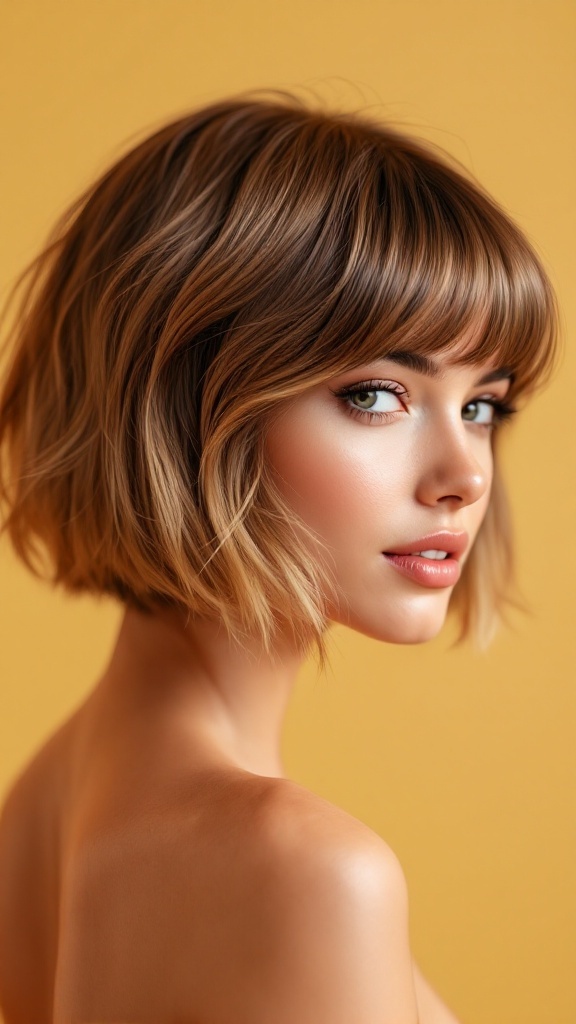 A woman with side-swept bangs and a short hairstyle, featuring soft waves and warm hair tones.