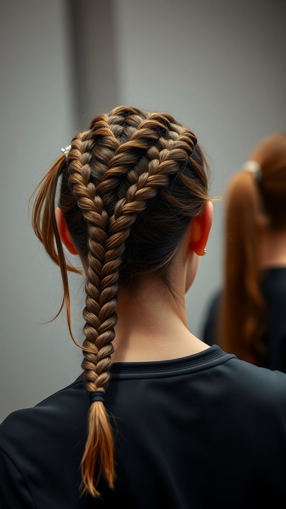 A hairstyle featuring side-swept bangs and a braided crown with a ponytail at the end.