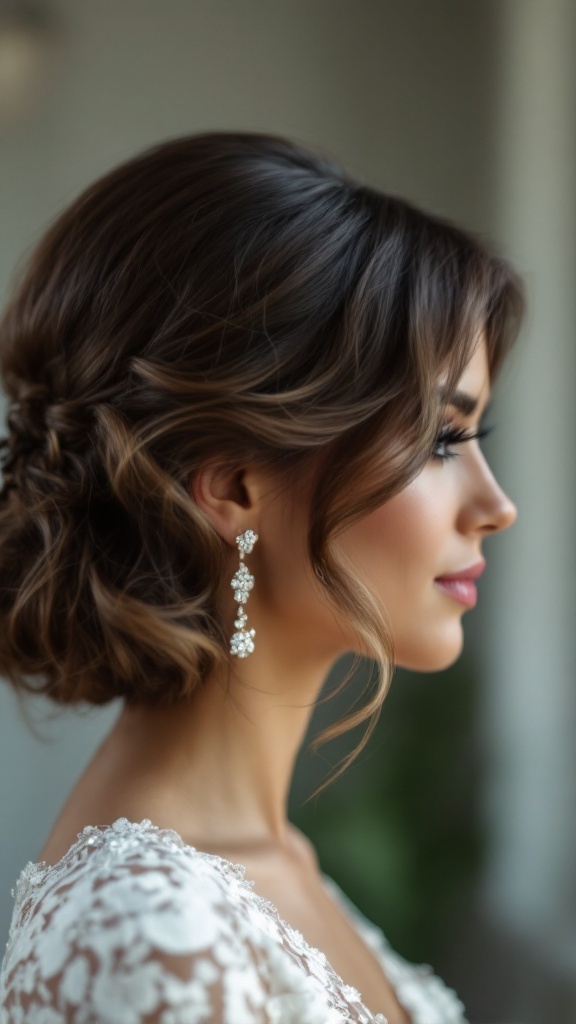 A woman with a side-swept bob hairstyle wearing sparkling earrings and a lace dress.