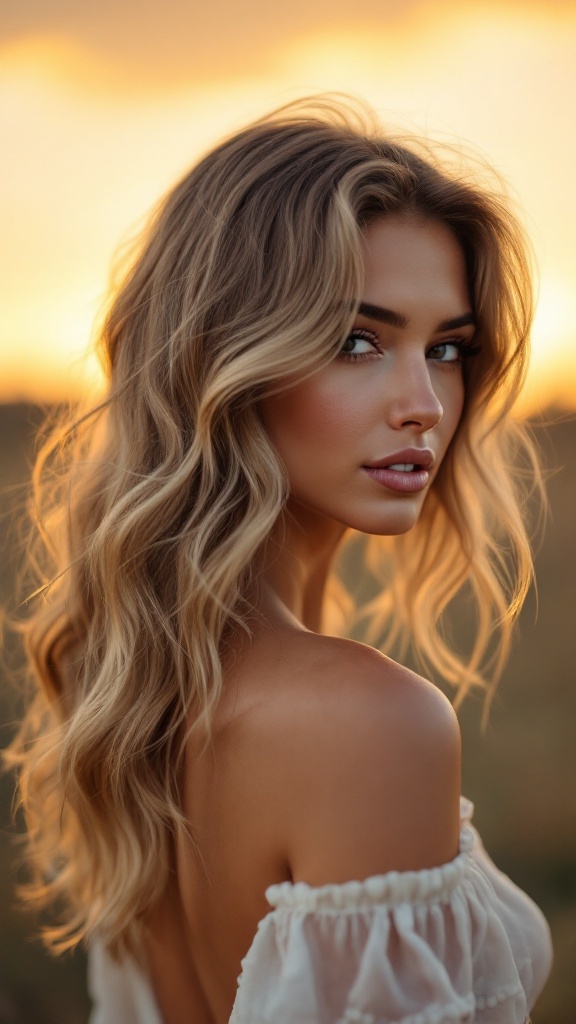A woman with long, wavy hair styled in side-swept boho waves, with a sunset background.