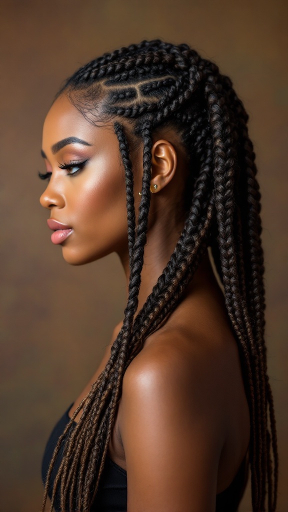 A woman with side-swept box braids in a sunset setting.