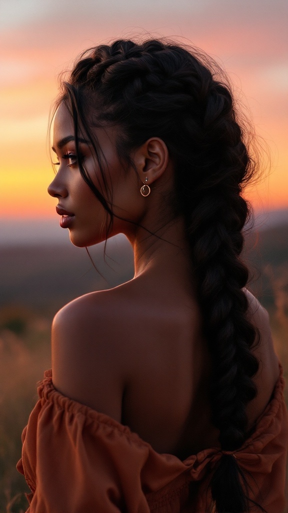 A side view of a woman with a braided ponytail, showing the intricate braid and a soft sunset background.