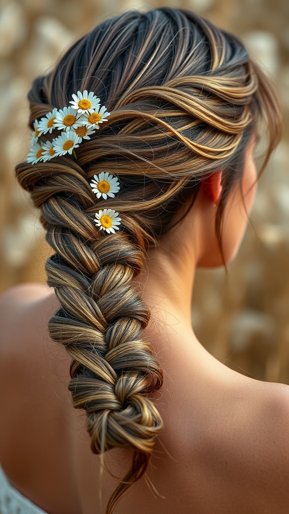 A side-swept braid adorned with daisies, showcasing a boho hairstyle.