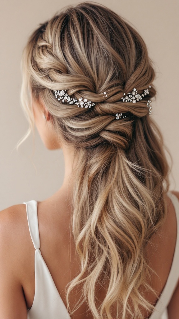 A beautiful side-swept braid adorned with rhinestones, showcasing a romantic hairstyle for bridesmaids.