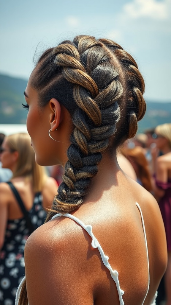 A woman with a side-swept braid hairstyle, showcasing a blend of light and dark hair colors