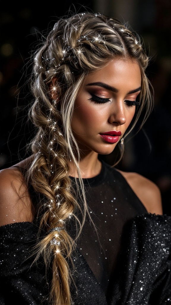 A close-up of a woman with side-swept braids adorned with glitter, showcasing her glamorous look.
