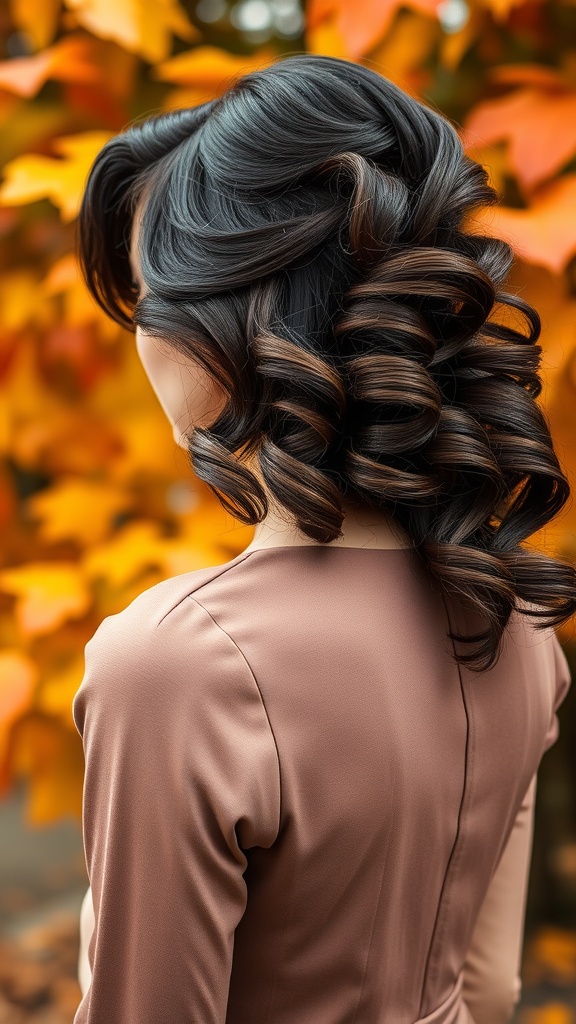 A person with side-swept curls, showcasing dark hair with rich highlights against a backdrop of autumn leaves.