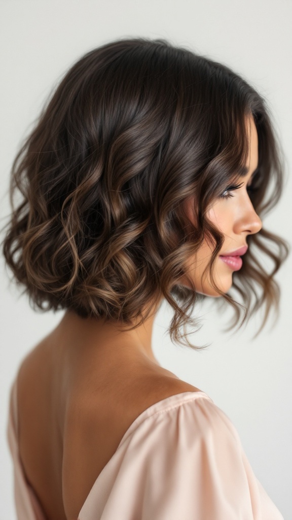A woman with short curly hair styled in side-swept curls, showing an elegant look.