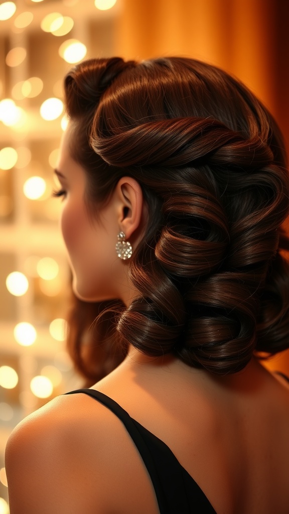 A woman with side-swept curls, showcasing bouncy, shiny hair, with a background of soft lights.