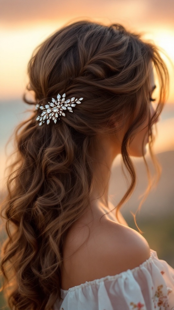 A woman with side-swept curls adorned with a decorative hairpiece