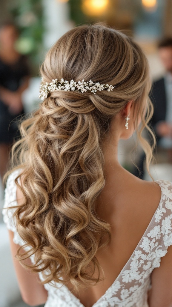 A back view of a bridesmaid's hairstyle featuring side-swept curls, adorned with a floral hairpiece.