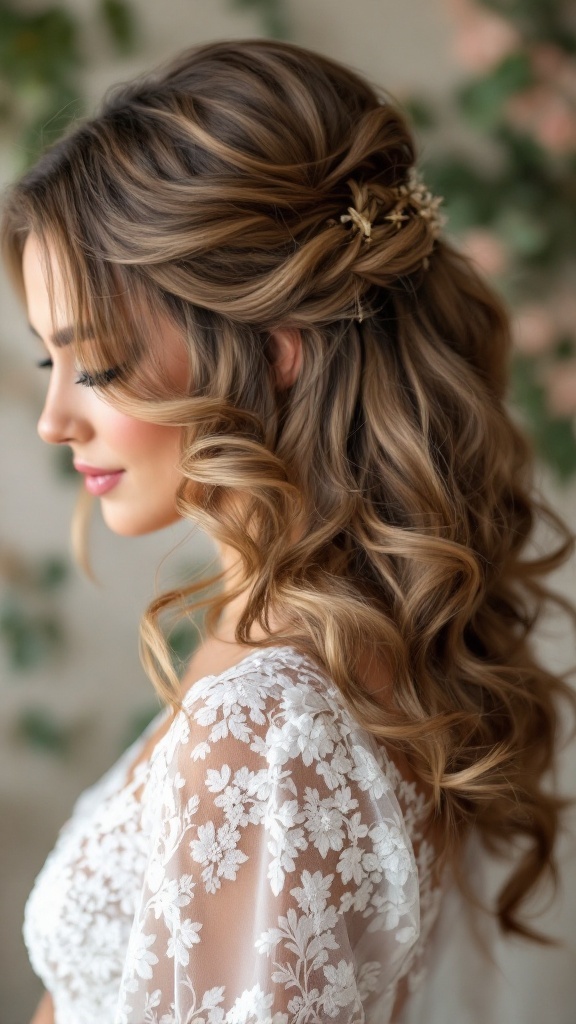 A woman with long, side-swept curls adorned with a floral hair accessory, showcasing an elegant hairstyle suitable for wedding guests.