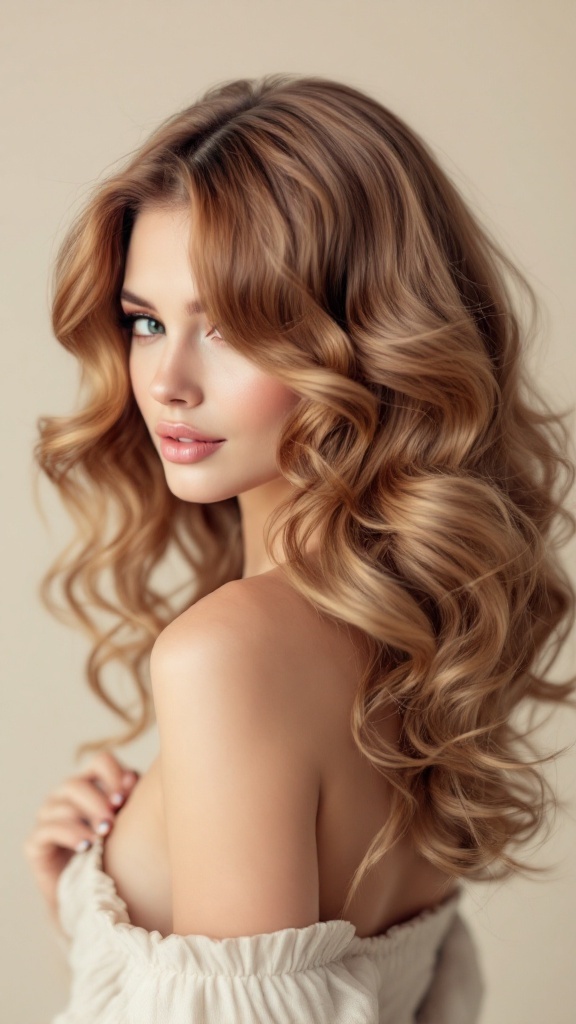A woman with beautiful side-swept curls, showcasing a soft and elegant hairstyle.