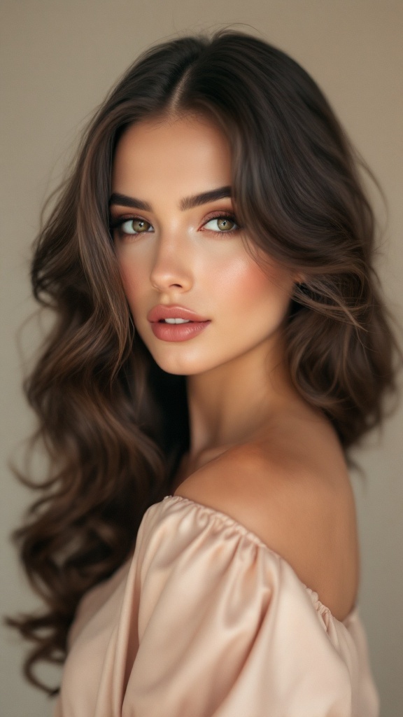 A woman with side-swept curls wearing a soft pink off-shoulder dress.