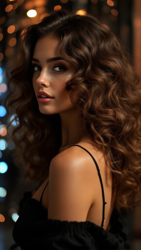 Model with side-swept curly hairstyle, showcasing defined curls and a glamorous look.