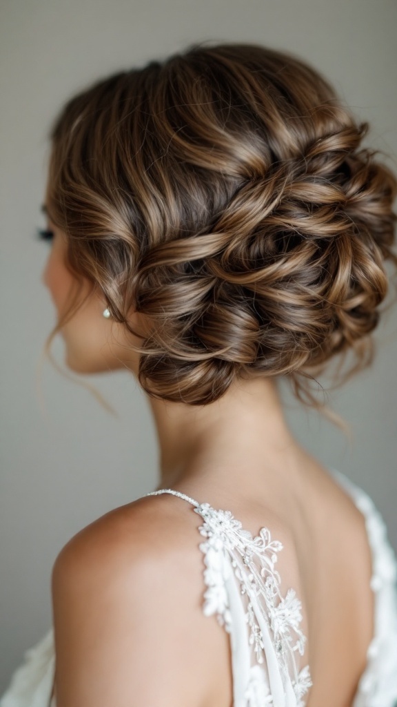 A close-up view of a side-swept curls hairstyle for short hair, featuring elegant pinned curls.