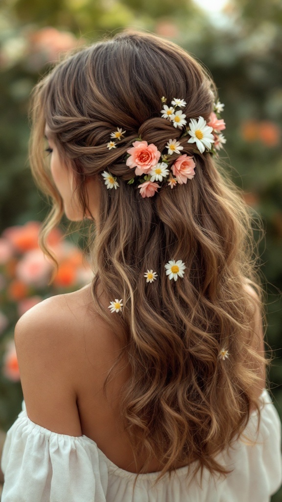 A side-swept hairstyle featuring soft curls adorned with small flowers.