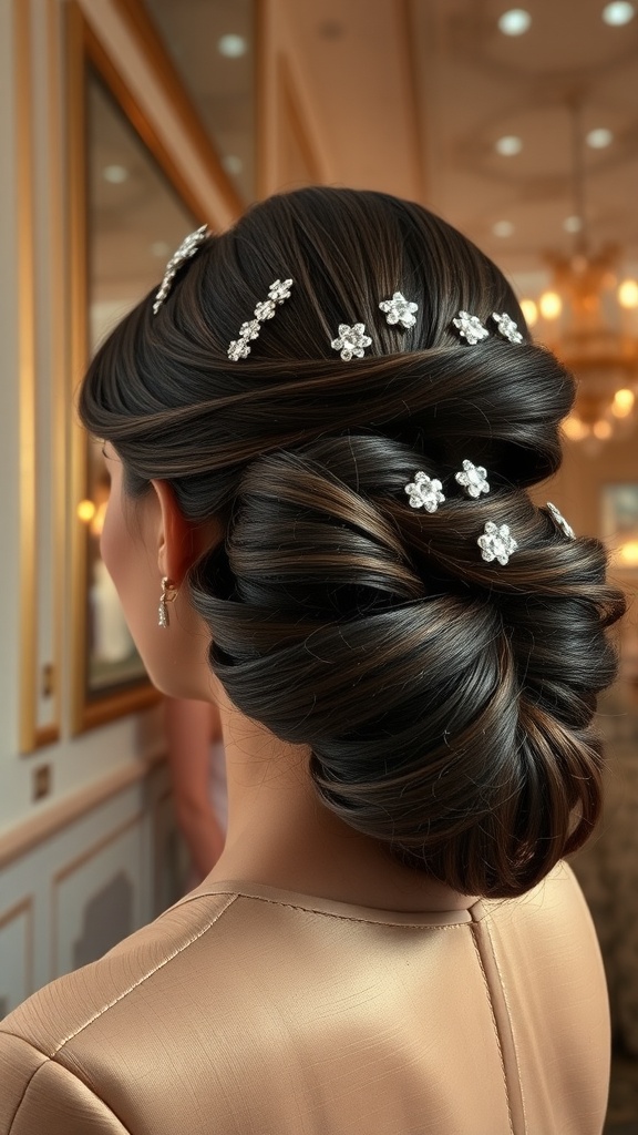 A side-swept hairstyle featuring soft curls adorned with sparkling pins, showcasing a sleek and elegant appearance.