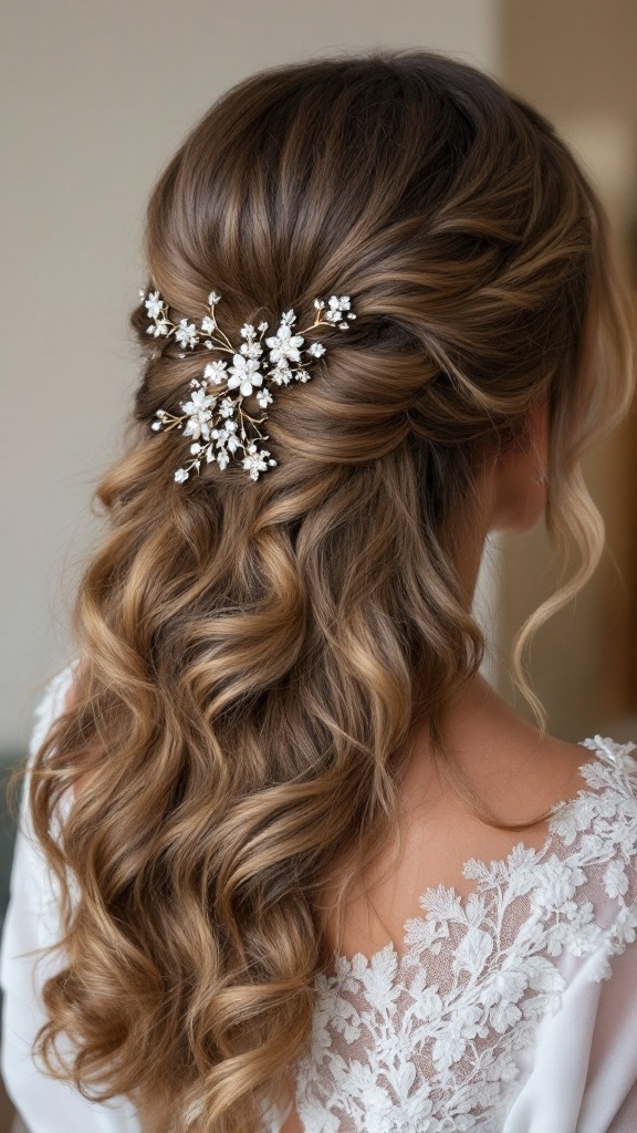 A woman with shoulder-length hair styled in side-swept curls, adorned with elegant floral hairpins.