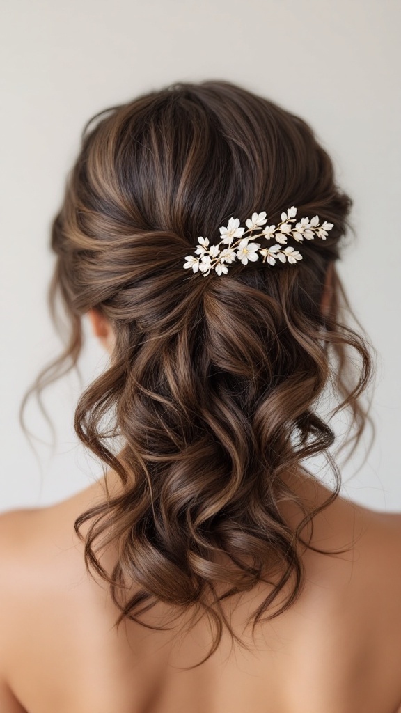 A back view of a woman's hair styled in side-swept curls, adorned with a floral hairpin.