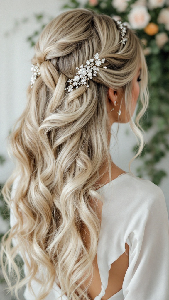 A bride with long hair styled in side-swept curls adorned with rhinestones