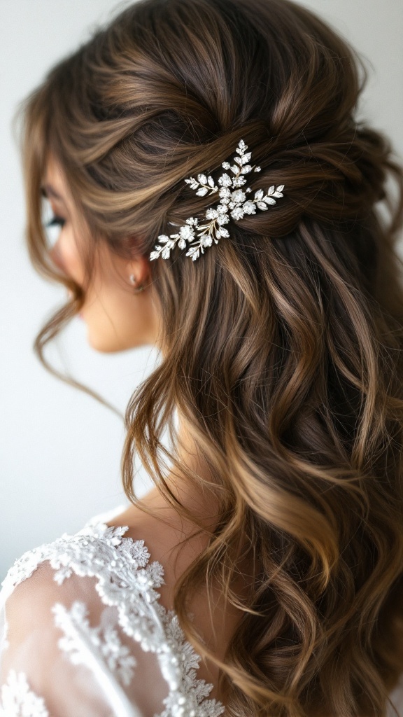 A woman with side-swept curls adorned with a sparkling hair clip.