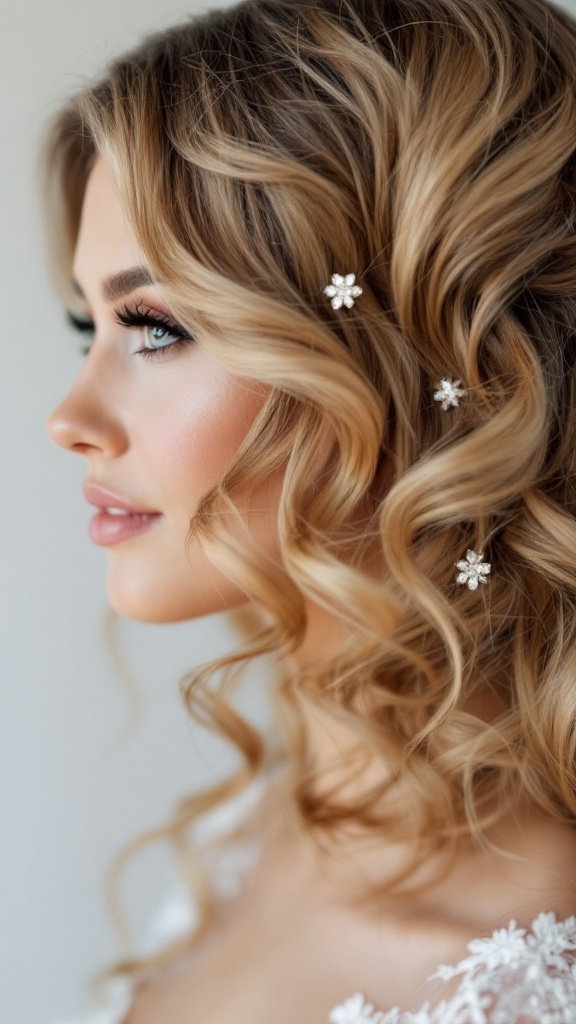 A woman with side-swept curls adorned with sparkling hairpins, showcasing a romantic wedding hairstyle.
