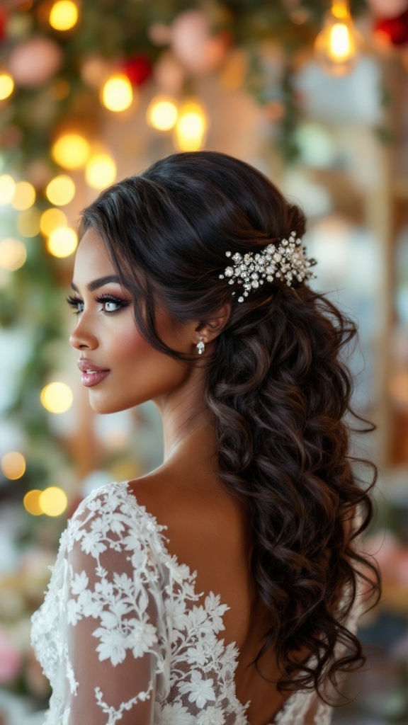 A woman with side-swept curls adorned with sparkling hair pins, showcasing a bridal hairstyle