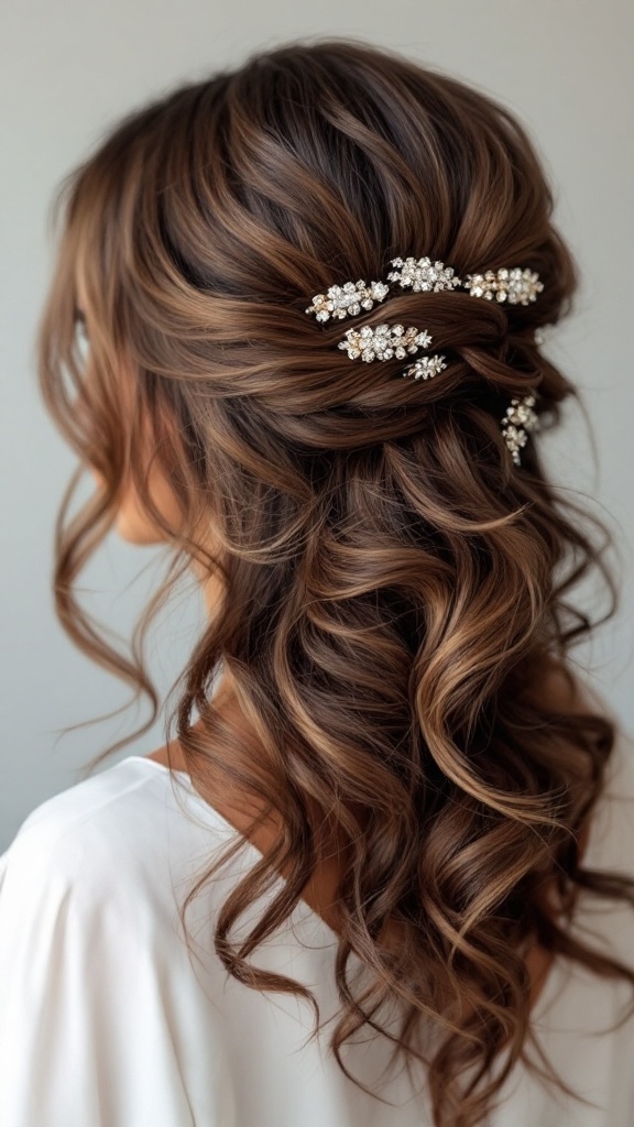 A side-swept hairstyle featuring loose curls and sparkly clips.