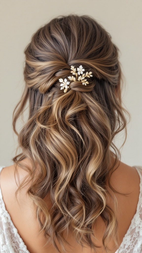 A woman with medium-length hair styled in side-swept curls, adorned with sparkly clips.