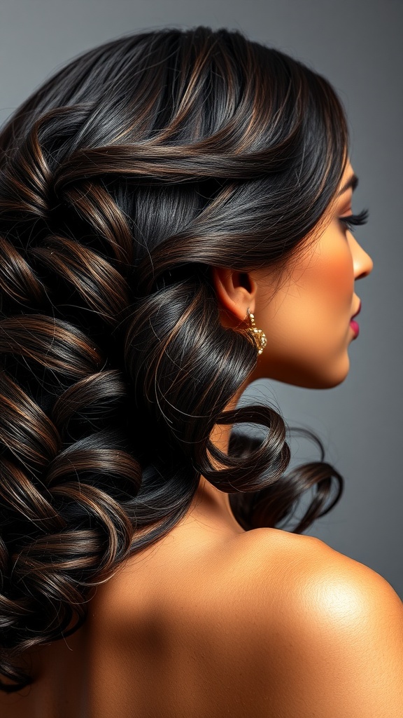 A woman with side-swept deep waves hairstyle, showcasing glossy curls with highlights.