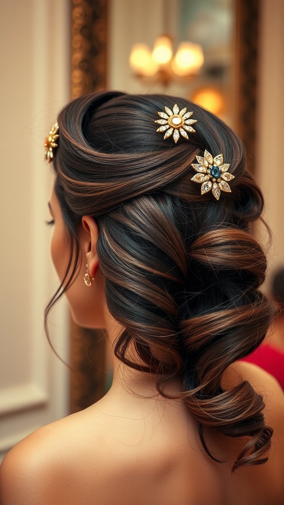 A side-swept hairstyle with elegant curls and decorative floral hair accessories.